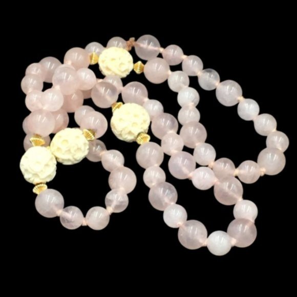Vintage Rose Quartz Bead Carved Bead 14k Necklace - Picture 1 of 3